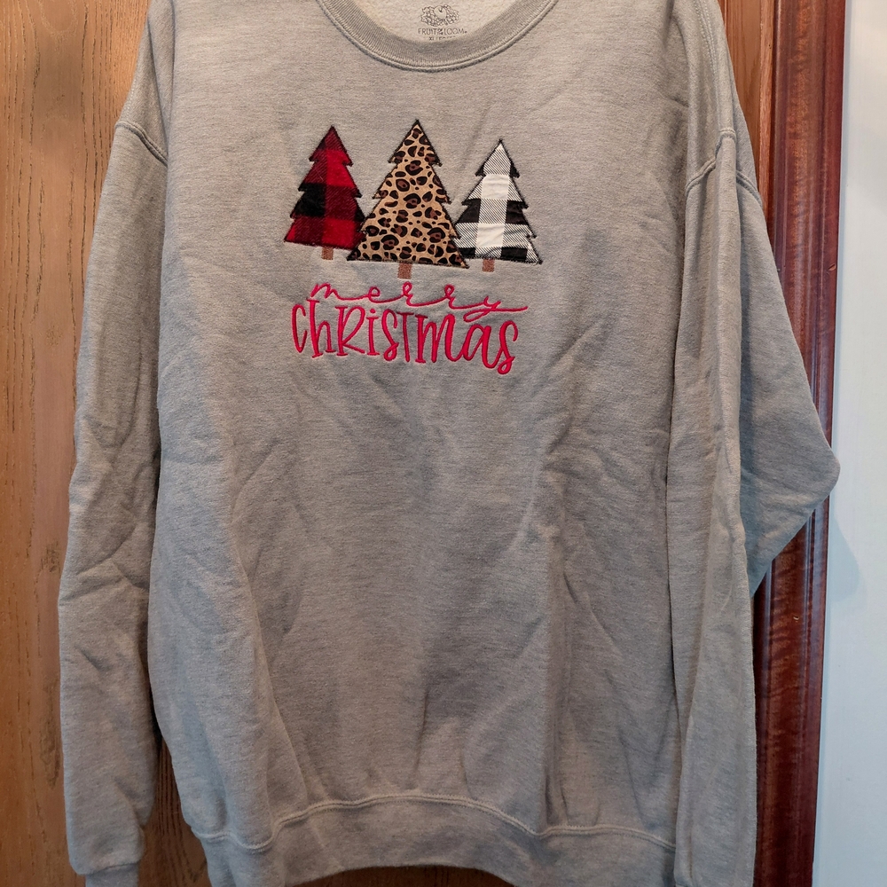 Fruit of the Loom Gray Christmas Sweater with Festive Trees